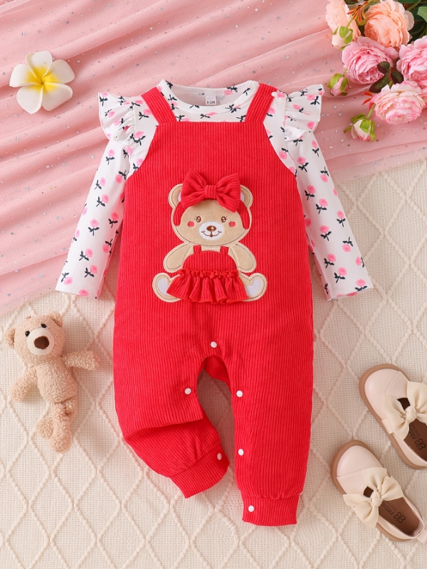 Embellish Knit - 春秋の女の赤ちゃんロンパースラウンドネックプリントパッチワーク刺繍フェイクツーピース長袖ワンジー幼児と幼児用