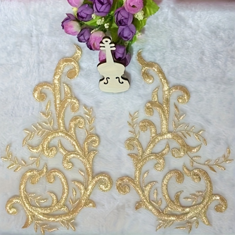 2ペアのゴールドレース生地の花の枝アップリケ刺繍ウェディング - Applique Patch Flower のレビューと価格
