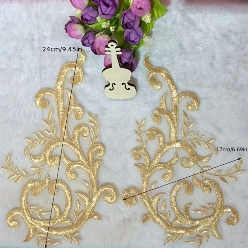 2ペアのゴールドレース生地の花の枝アップリケ刺繍ウェディング - Applique Patch Flower のレビューと価格